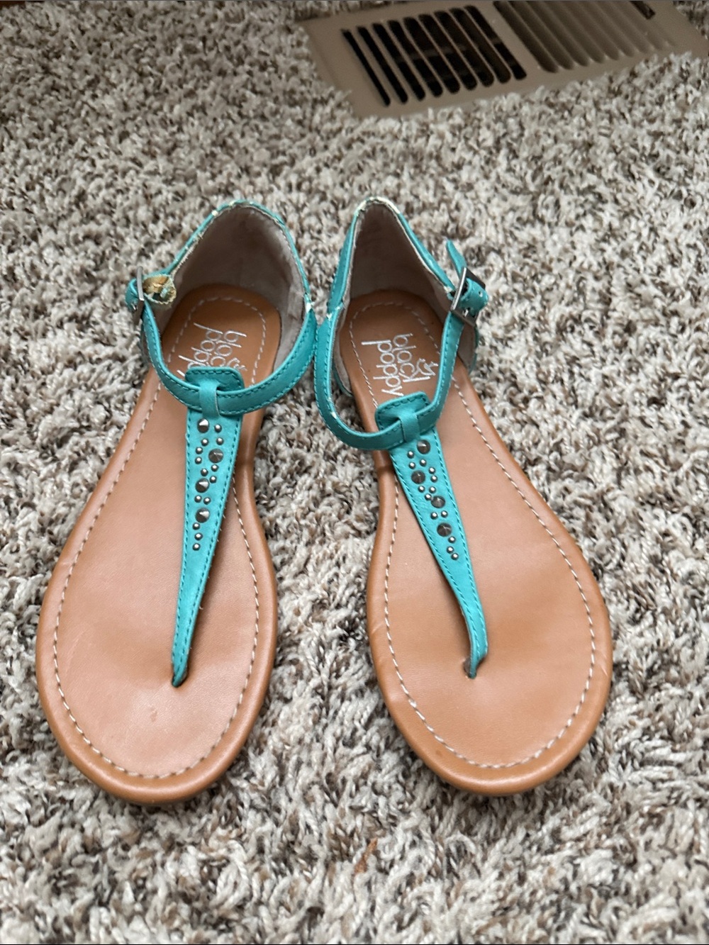 Black Poppy Turquoise T-Strap Stud Sandals